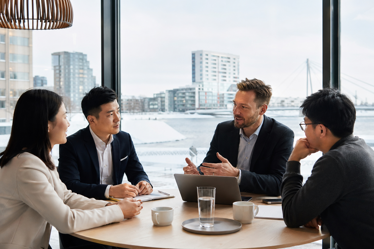 Finland consulting meeting in Oulu with snowy city view